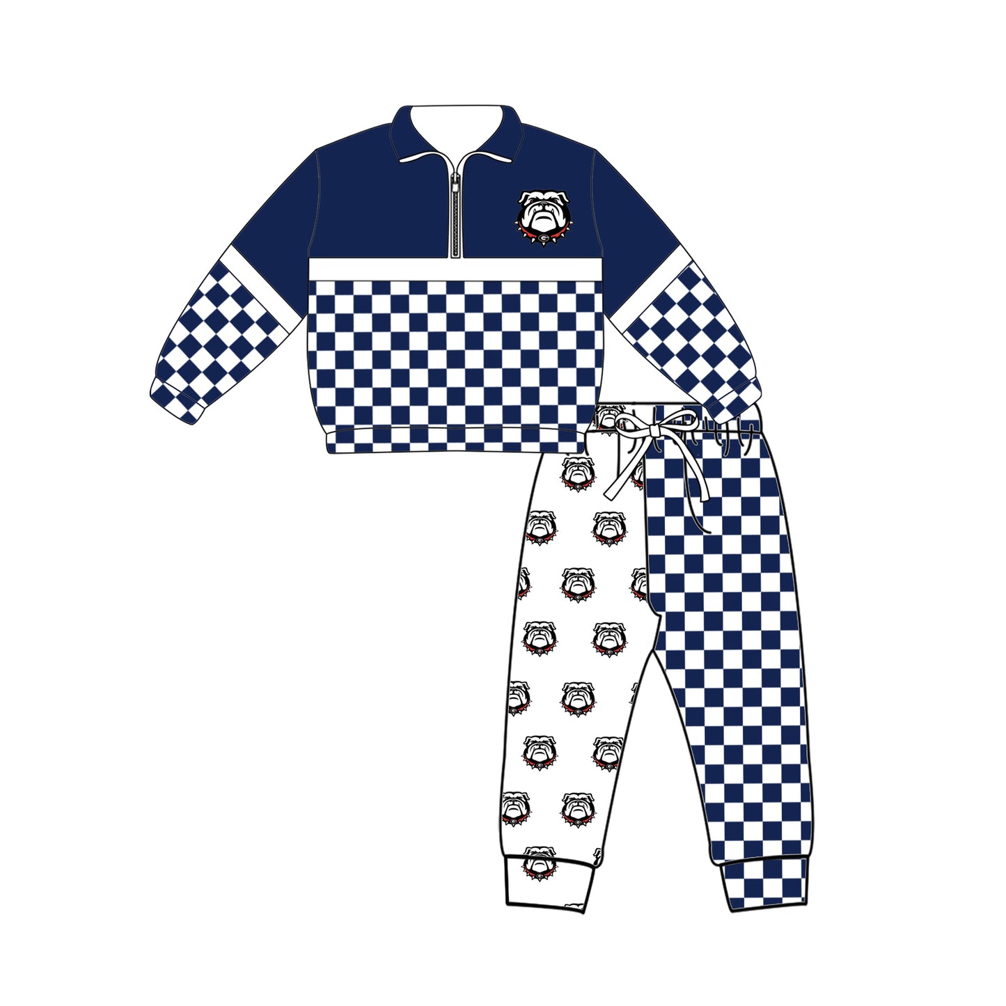 Preorder (moq 5)Baby Boys Blue Checked Zip Bulldogs Pullovers Top Jogger Team Clothes Set