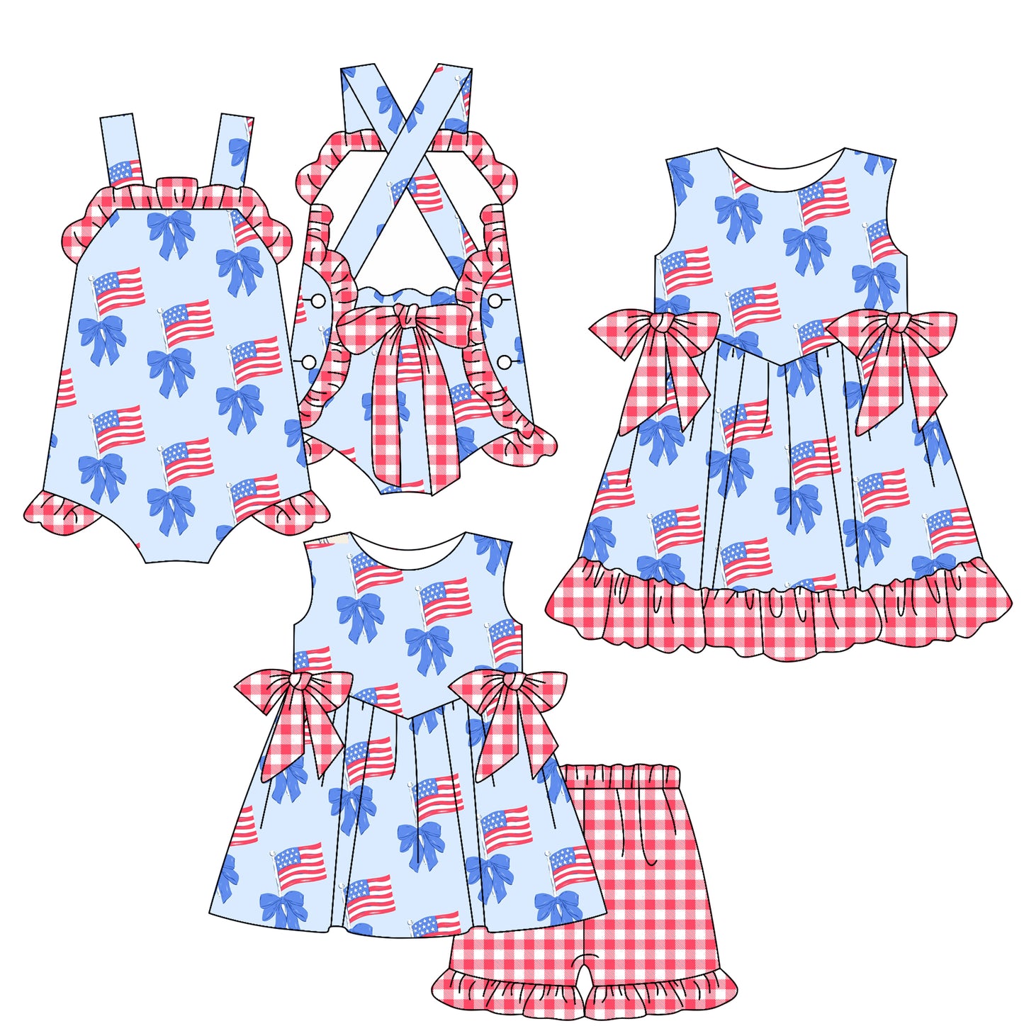Preorder moq 5 Custom Baby Girls Strap Blue Bows Flags Tunic Red Plaid Ruffle Short 4th Of July Set Knee Length Dress And Rompers