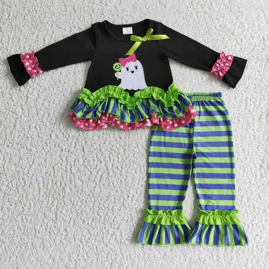 Sibling Baby Girls Green Stripe Embroidery Ghost Tunic Ruffle Pants Halloween Clothes Sets Rompers