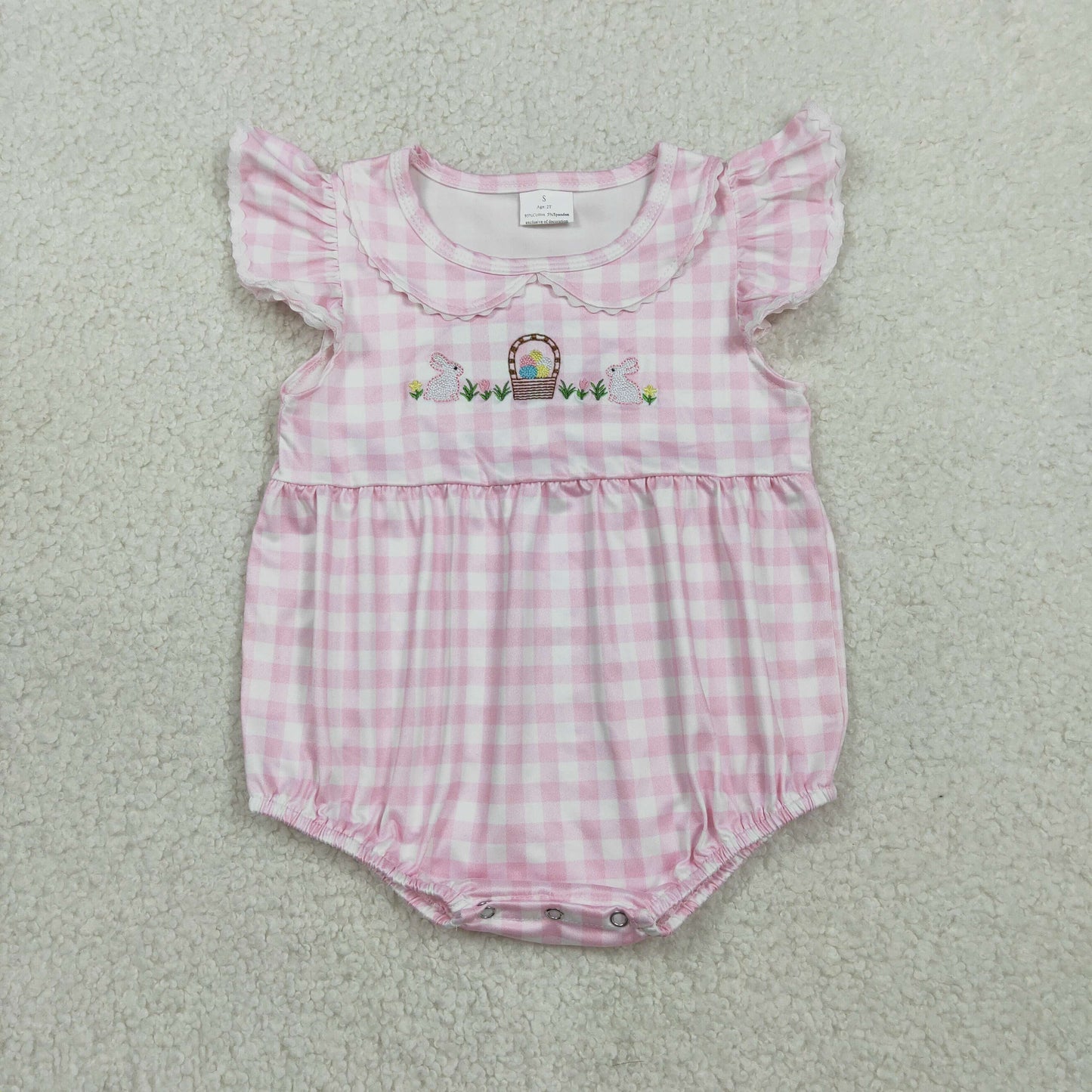 Embroidery Rabbits Eggs Baby Girls Pink Checked Easter Ruffle Rompers