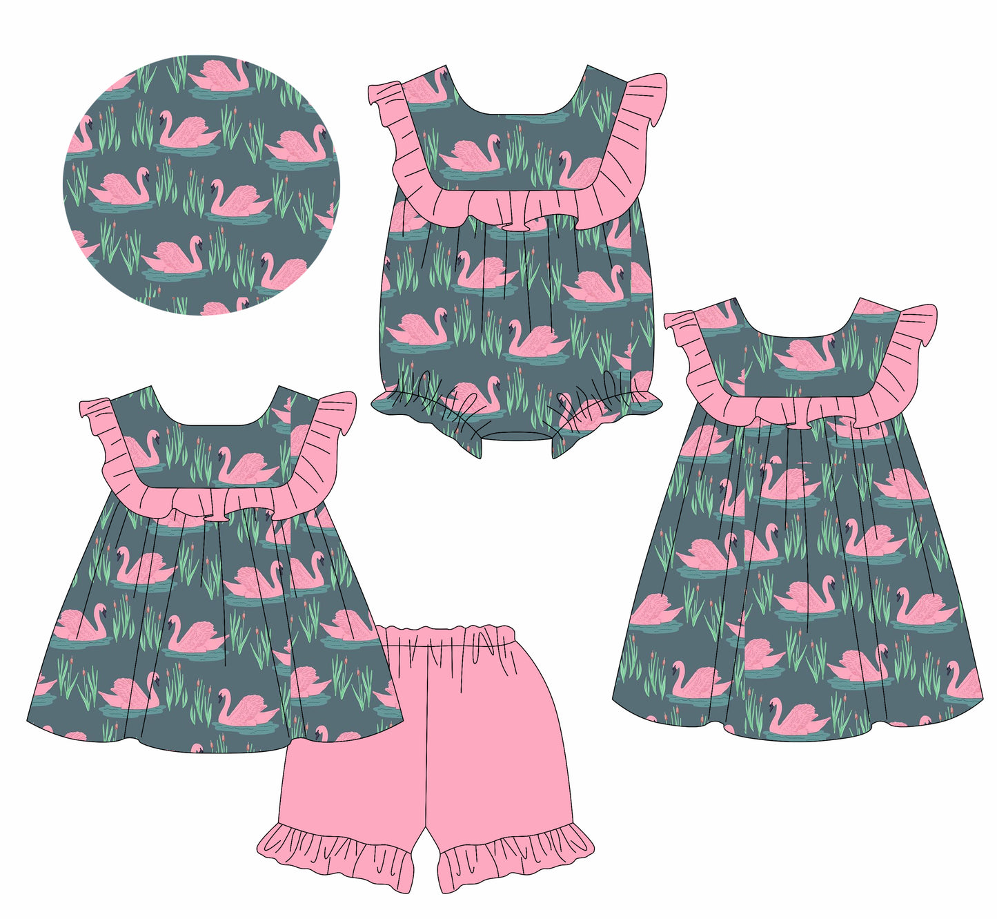 Preorder moq 5 Custom Baby Girls Sleeveless Gooses Floral Tunic Ruffle Short Set Knee Length Dress And Rompers