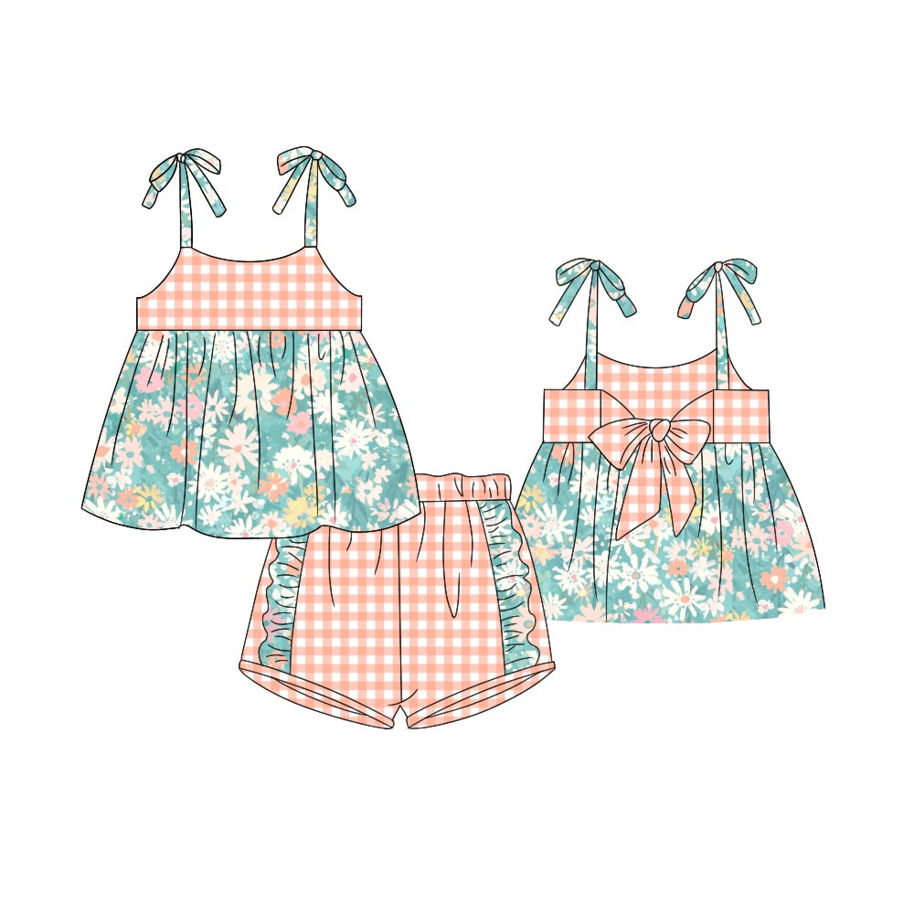 Baby Girls Green Orange Flowers Straps Tunic Ruffle Shorts Clothes Sets preorder (moq 5)
