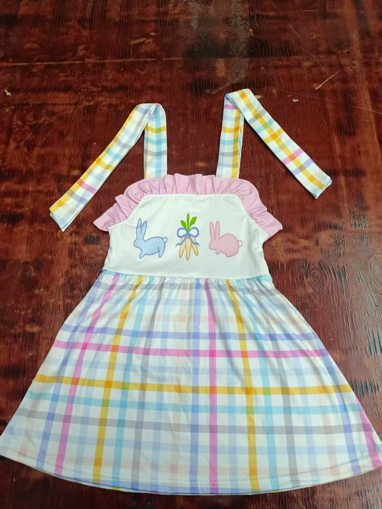 Preorder moq 5 Baby Girls Strap Bunny Carrots Colorful Plaid Easter Knee Length Dress