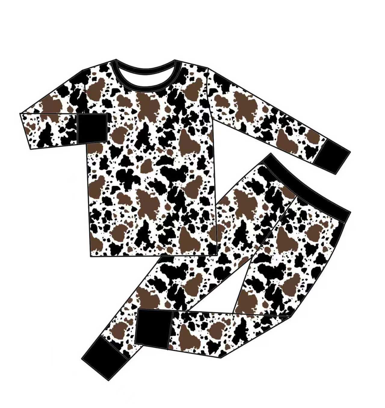 Preorder (moq 5)Baby Girls Western Brown Cow Print Top Pants Pajamas Sets