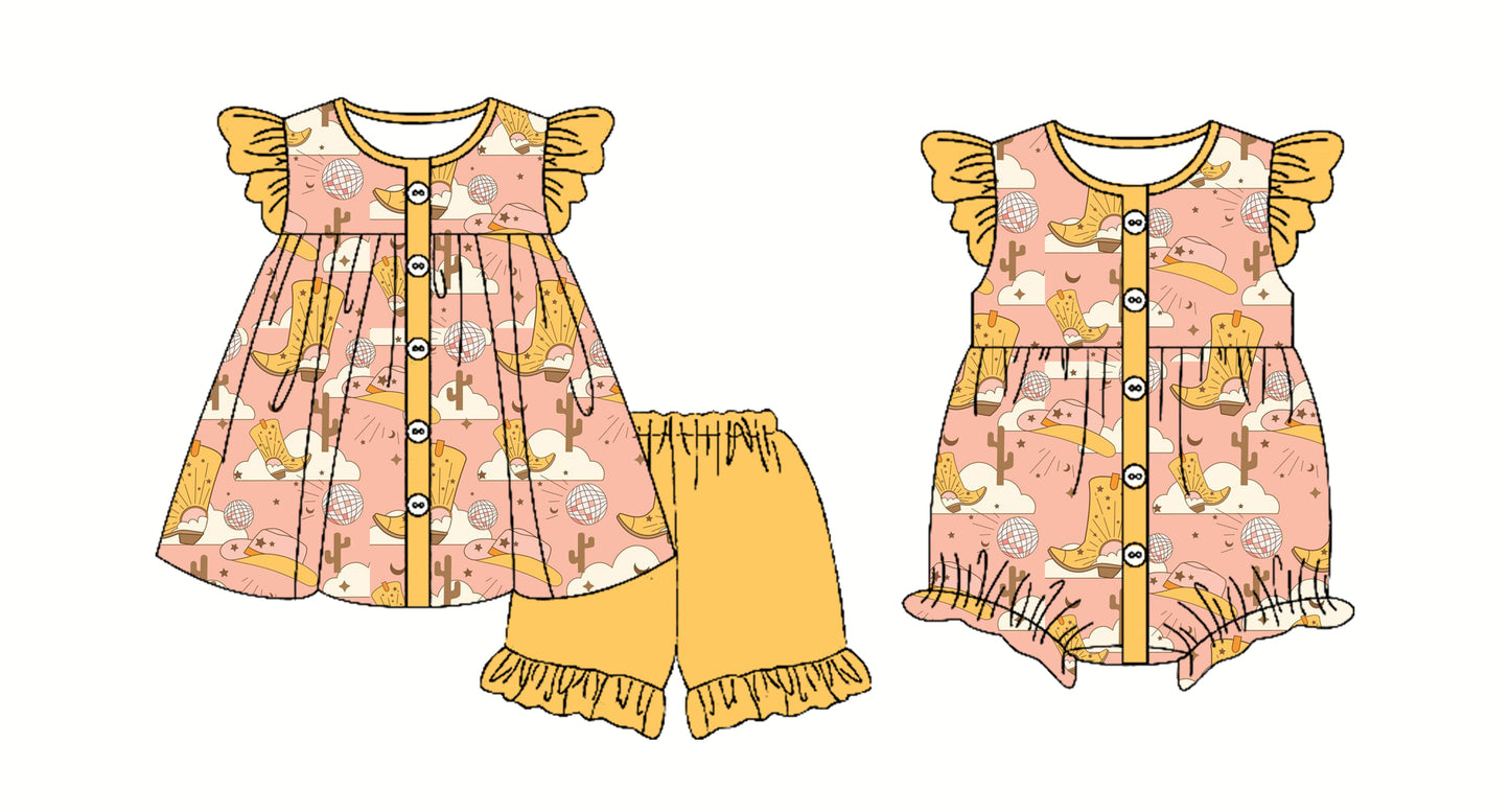 Preorder moq 5 Custom Baby Girls Yellow Boots Cactus Button Tunic Ruffle Short Set Rompers