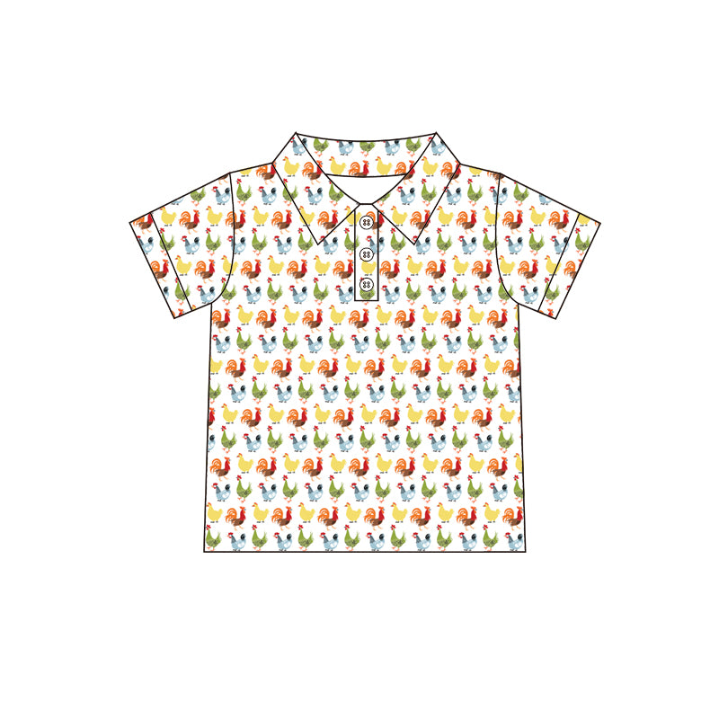Preorder (moq 5)Baby Boys Farm Animals Chicken Short Sleeve Buttons Tee Shirts Tops