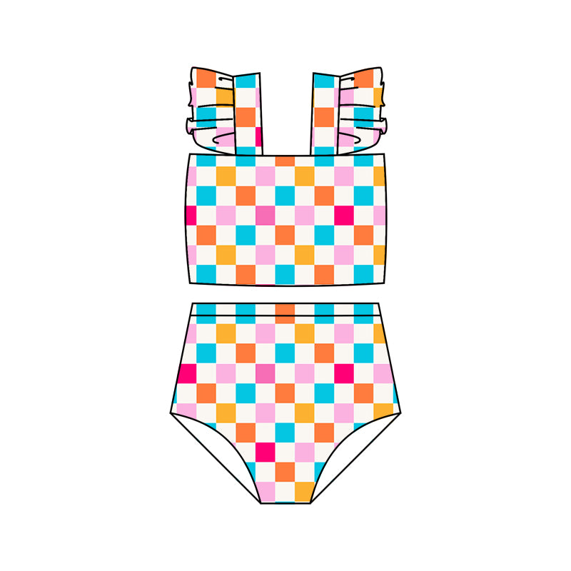 Baby Girls Colorful Checkered Top Bummie Swimsuits Clothes Sets Preorder(moq 5)