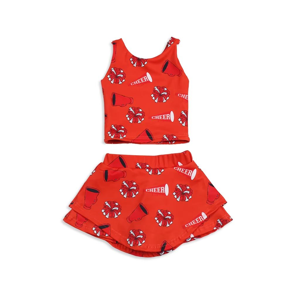 Preorder moq 5 Baby Girls Red Sleeveless Team Cheers Top Skorts Yoga Set