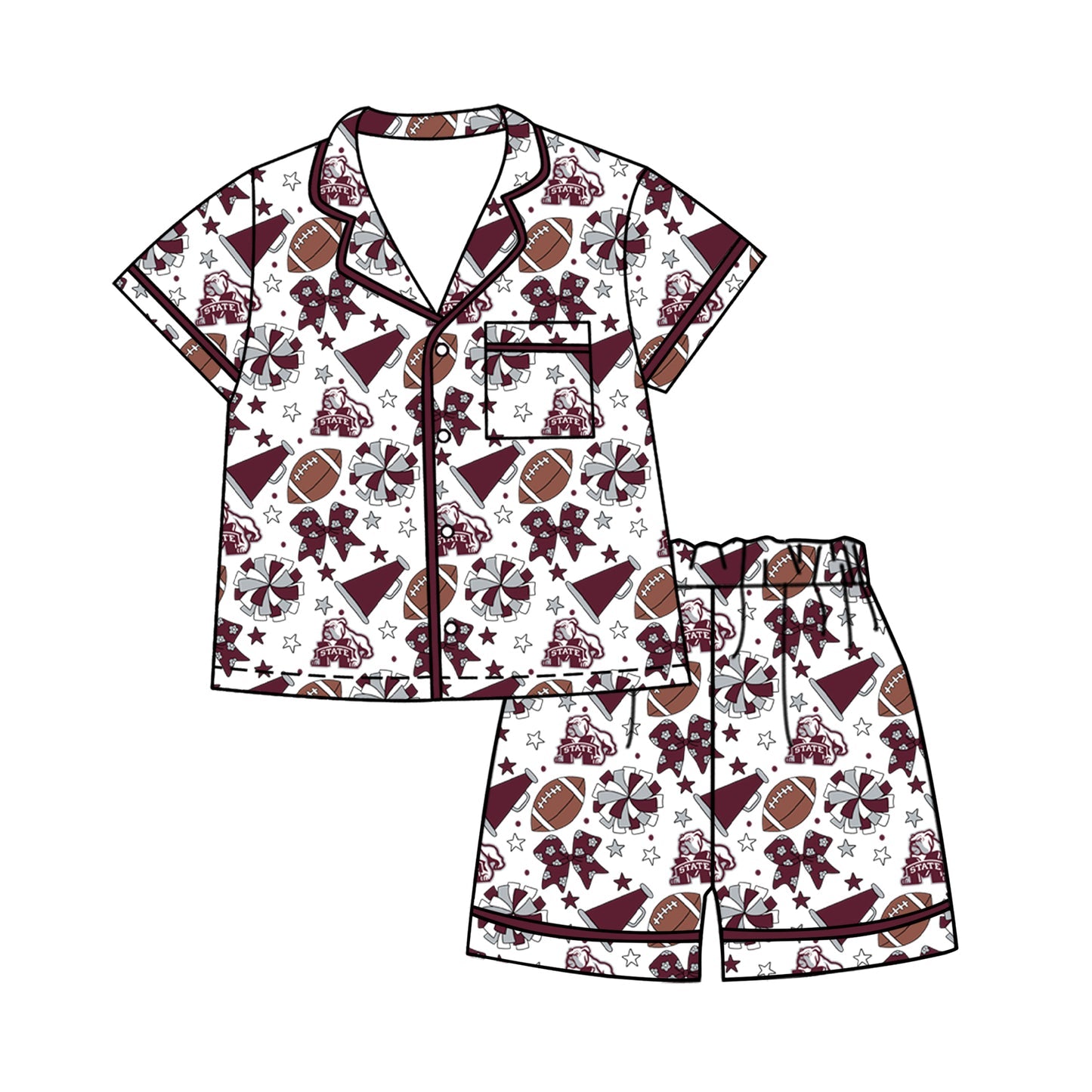 Preorder (moq 5)Baby Girls Footballs Bows Button Pocket Top Short Team Clothes Sets