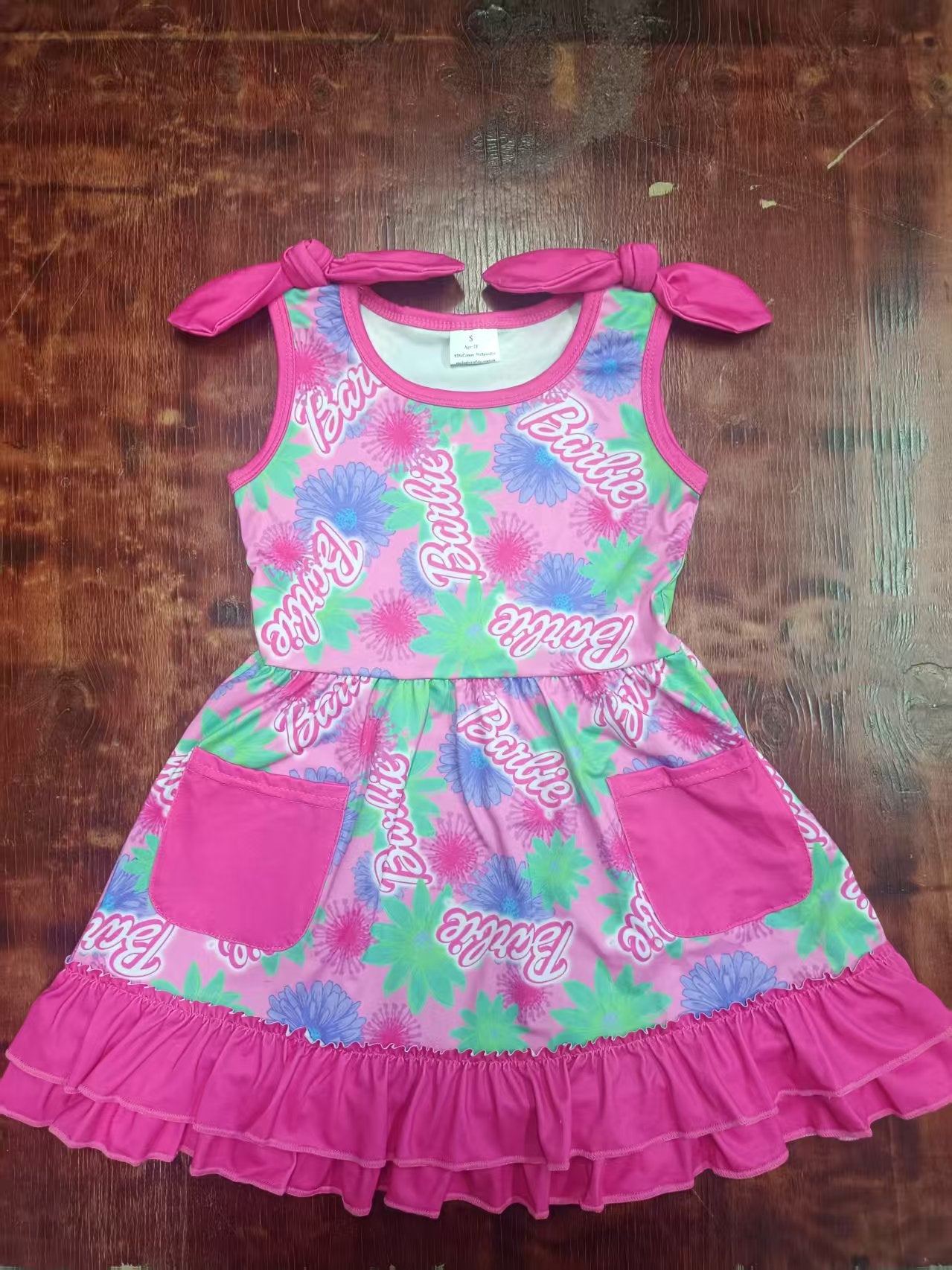 Preorder moq 5 Baby Girls Hot Pink Bows Cartoon Dolls Flowers Pockets Knee Length Dress