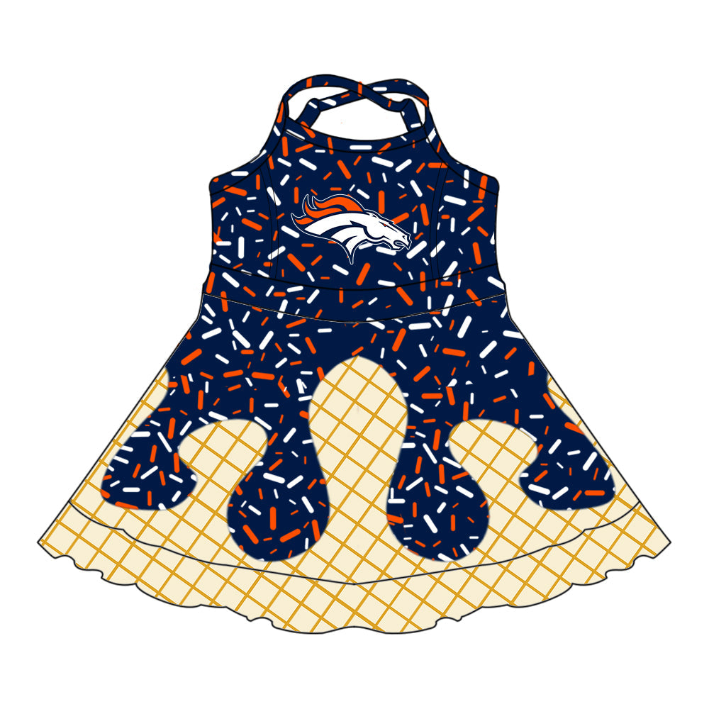 Preorder (moq 5)Baby Girls Drip Sprinkles Denver Broncos Team Shorts Ruffle Knee Length Dress