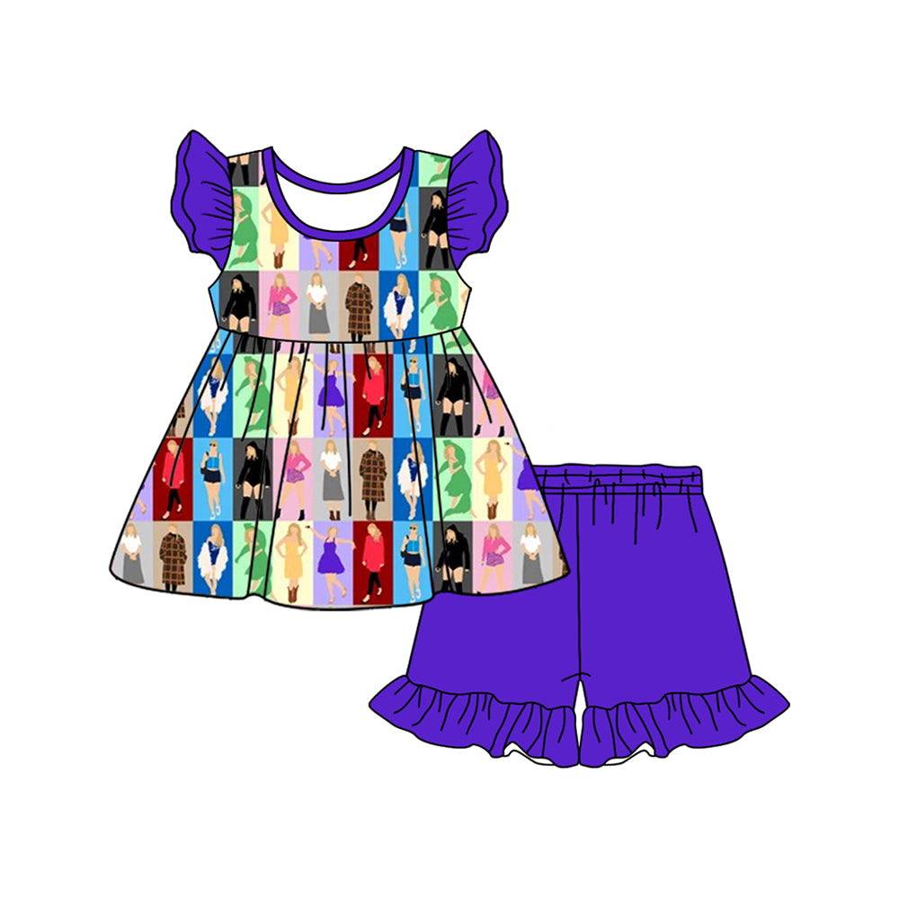 Preorder (moq 5)Baby Girls Purple Singer Tunic Top Ruffle Shorts Clothes Sets