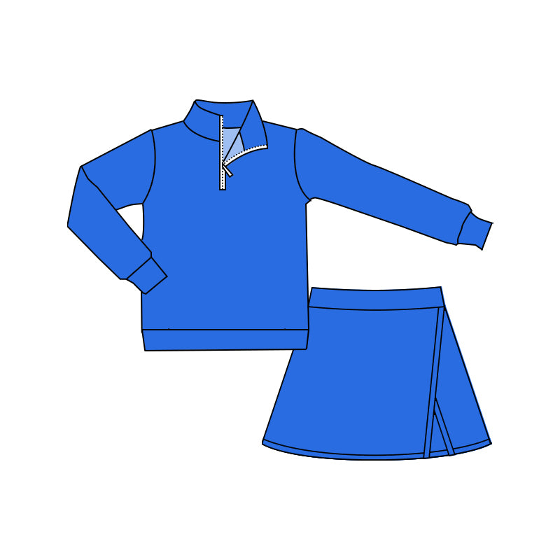 Preorder (moq 5)Baby Girls Hot Blue Long Sleeves Zipper Pullover Skort Set