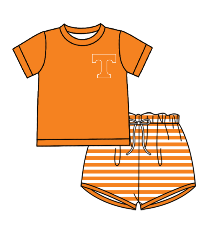 Preorder (moq 5)Baby Boys Orange T Top Stripe Shorts Team Clothes Sets