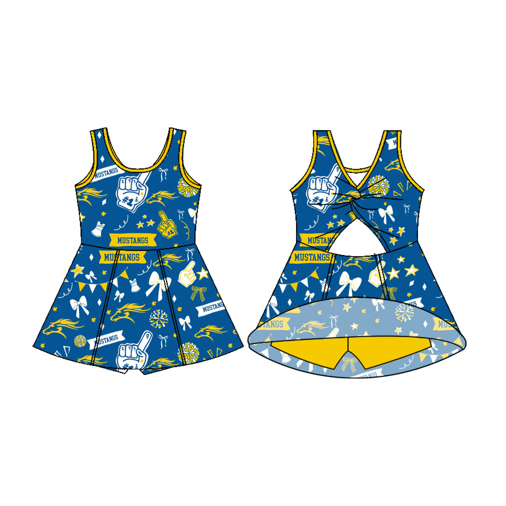 Preorder (moq 5)Baby Girls Sleeveless Mustangs Blue Bows Football Team Shorts Dresses