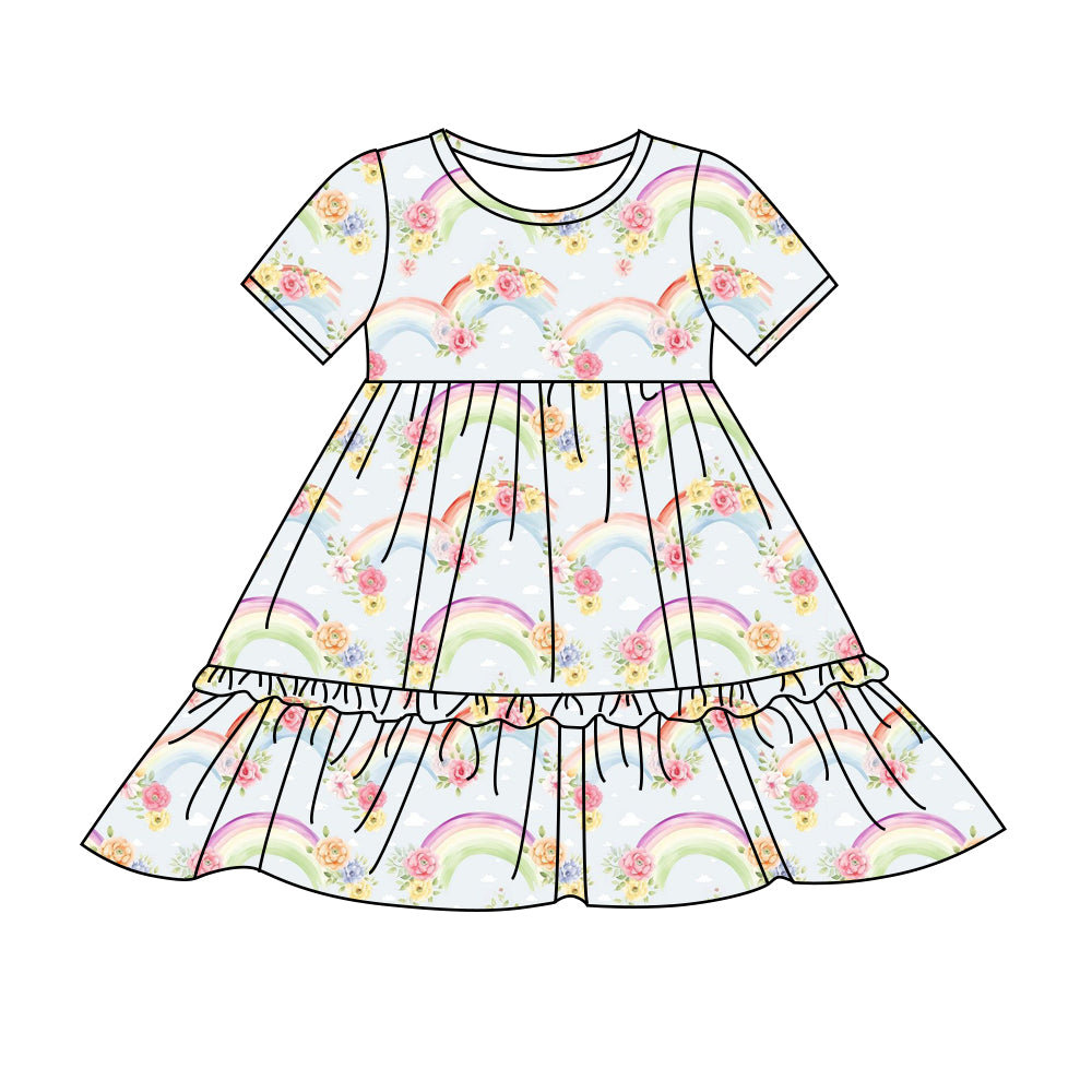 Preorder (moq 5)Baby Girls Blue Colorful Rainbow Flowers Knee Length Dresses