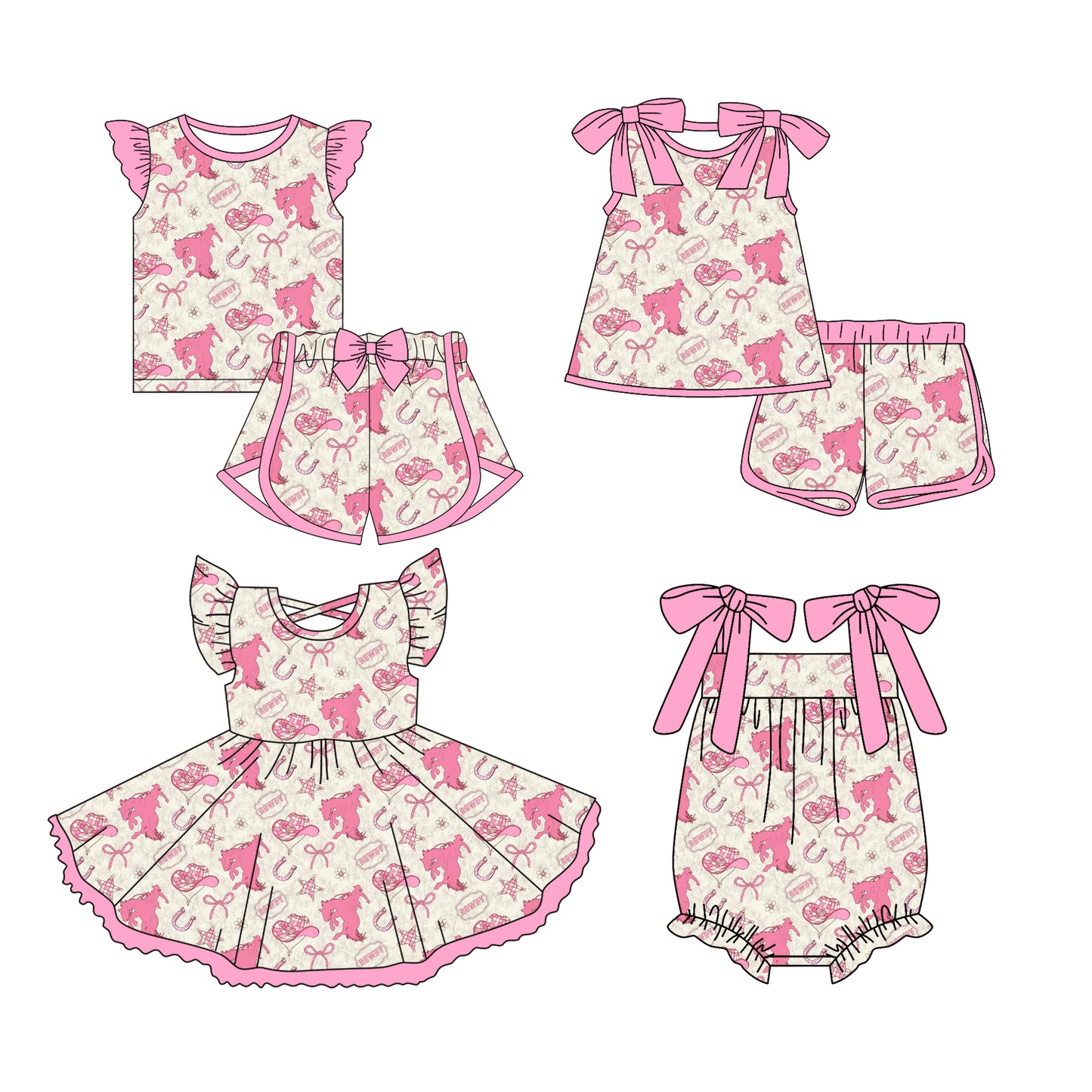 Preorder moq 5 Custom Baby Girls Pink Bows Horse Rodeos Top Short Sets Knee Length Dress Ruffle Rompers