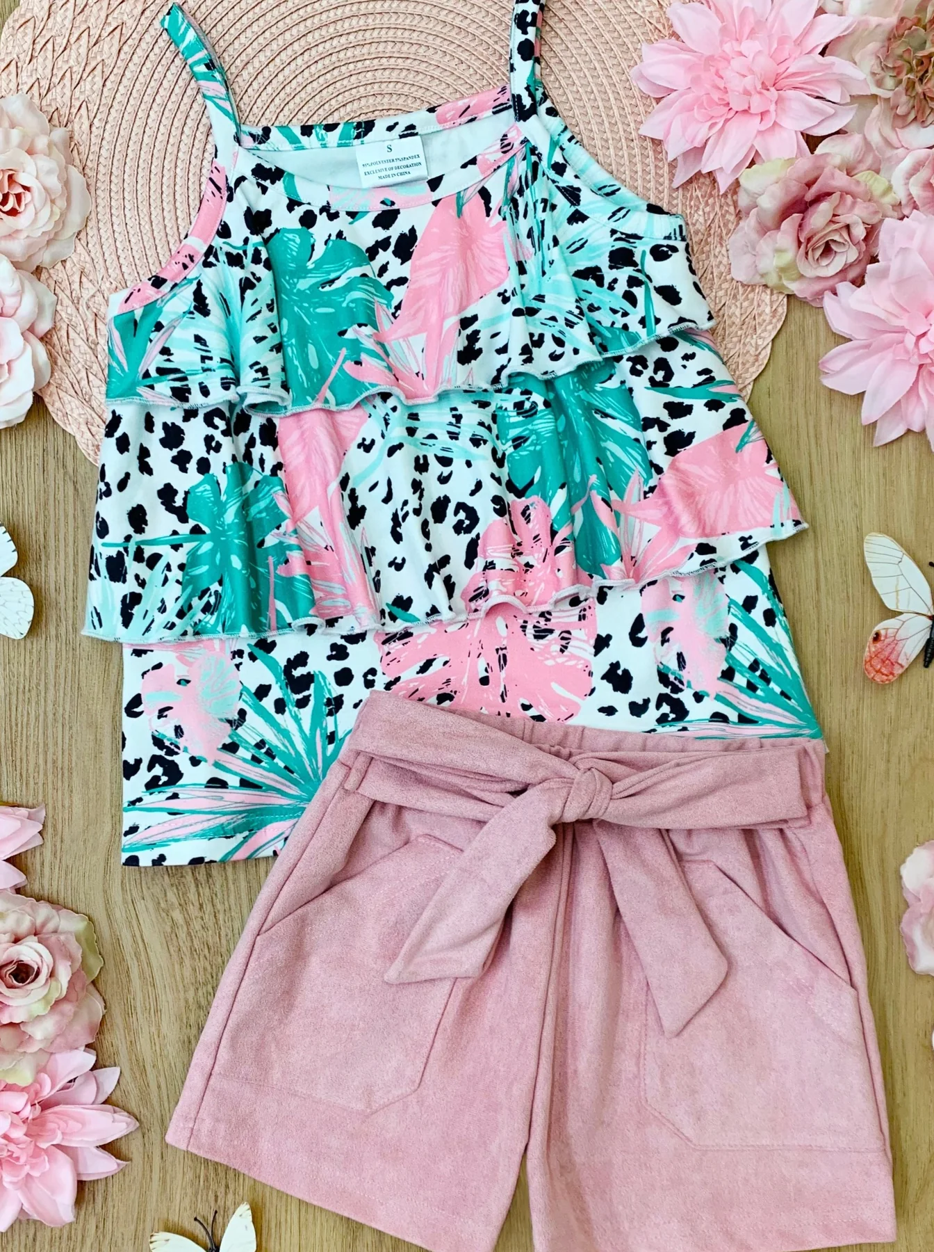 Baby Girls Straps Ruffle Leaves Leopard Top Shorts Summer Clothing Sets Preorder(moq 5)