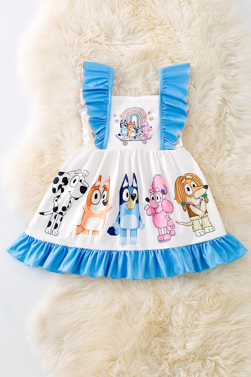 Preorder moq 5 Baby Girls Blue Flutter Sleeves Cartoon Dogs Flowers Knee Length Dress