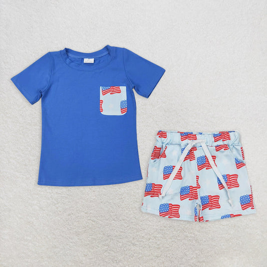 Sibling Baby Kids 4th of July Flags Pocket Shirts Shorts Outfits Knee Length Dresses