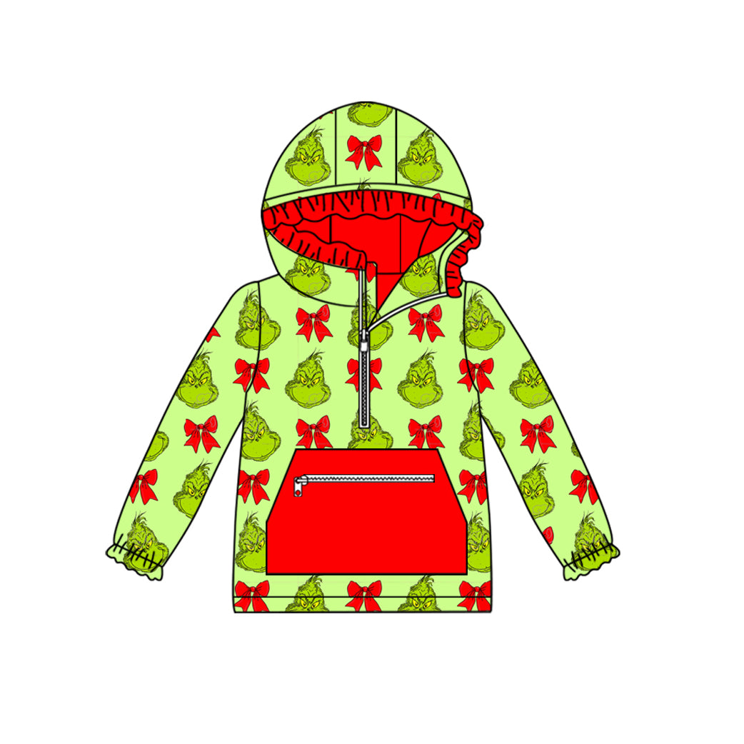 Preorder (moq 5)Baby Girls Green Faces Bows Christmas Zipper Pocket Ruffle Hooded Tops