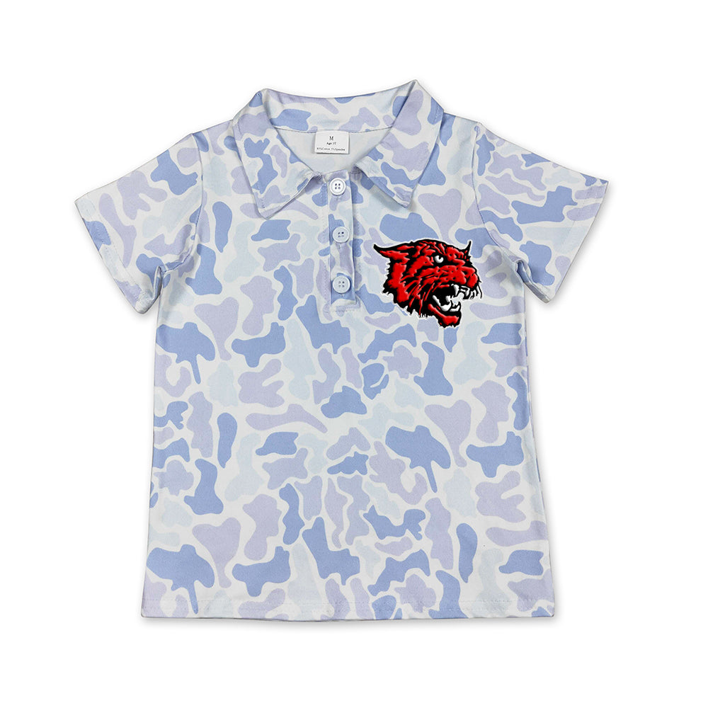 Preorder (moq 5)Baby Boys Light Blue Camo Kirbyville Wildcat Team Button Polo Shirt Top