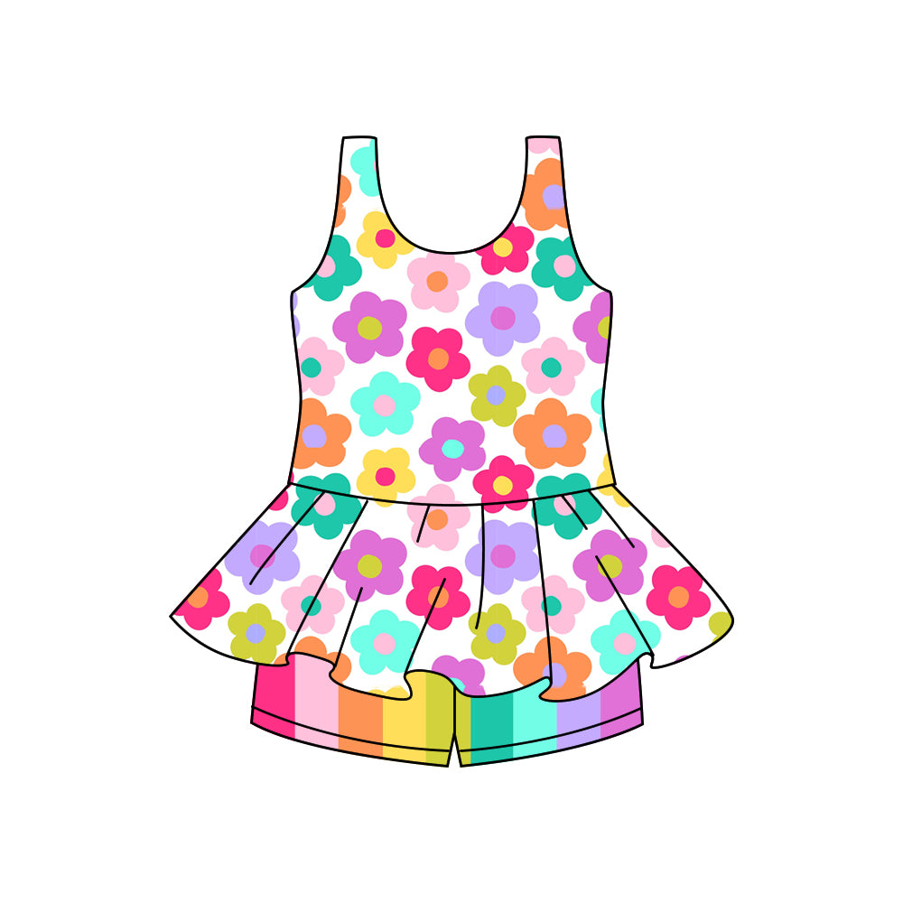 Preorder (moq 5)Baby Girls Colorful Flowers Sleeveless Tunic Stripes Short Sets