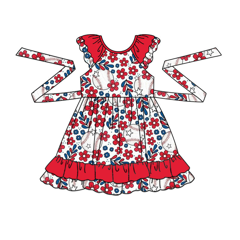 Baby Girls Belt Ruffle Baseball Flowers Knee Length Dresses preorder(moq 5)