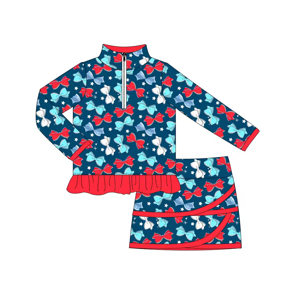 Preorder (moq 5)Baby Girls Stars Bows Zipper Ruffle Pullover Top Skirt Shorts Clothes Sets