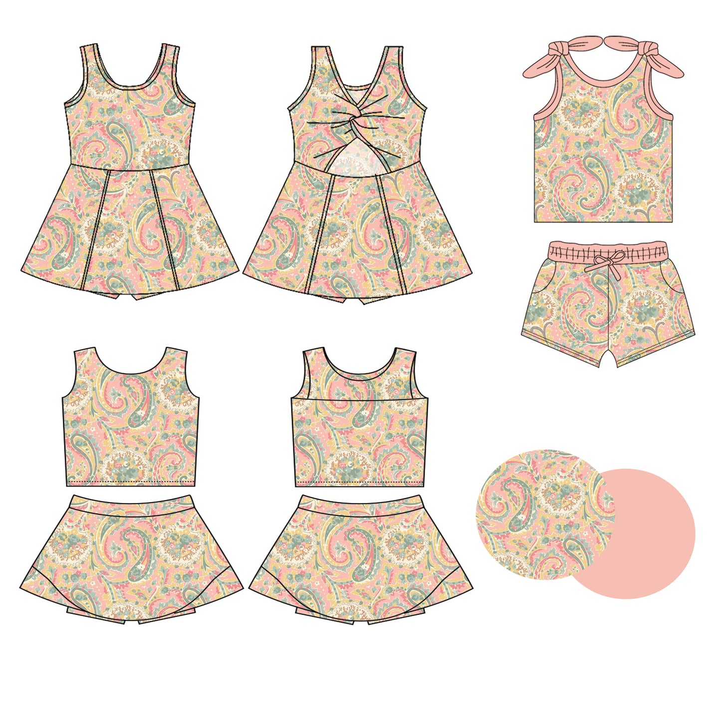 Preorder moq 5 Custom Baby Girls Sleeveless Peach Floral Top Skort Set Knee Length Dress Pockets Short Set