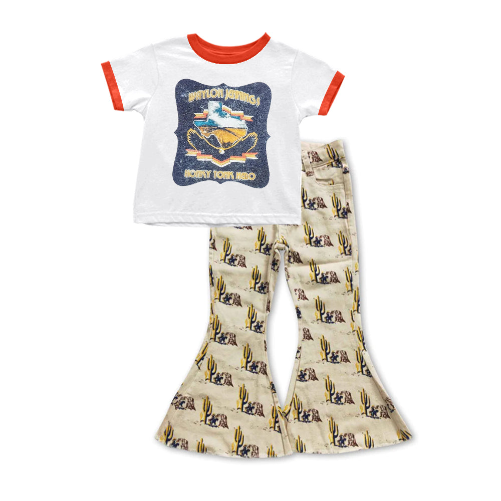 Baby Girls Western White Tee Shirts Tops Cactus denim pants sets preorder(moq 5)