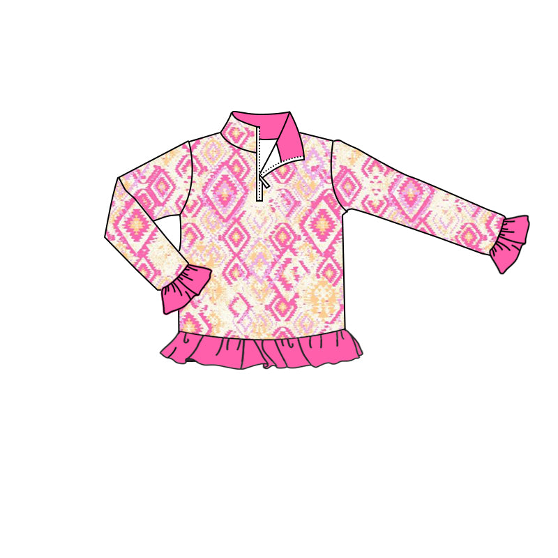 Baby Girls Western Pink Aztec Long Sleeve Zip Pullovers Tops Preorder(moq 5)