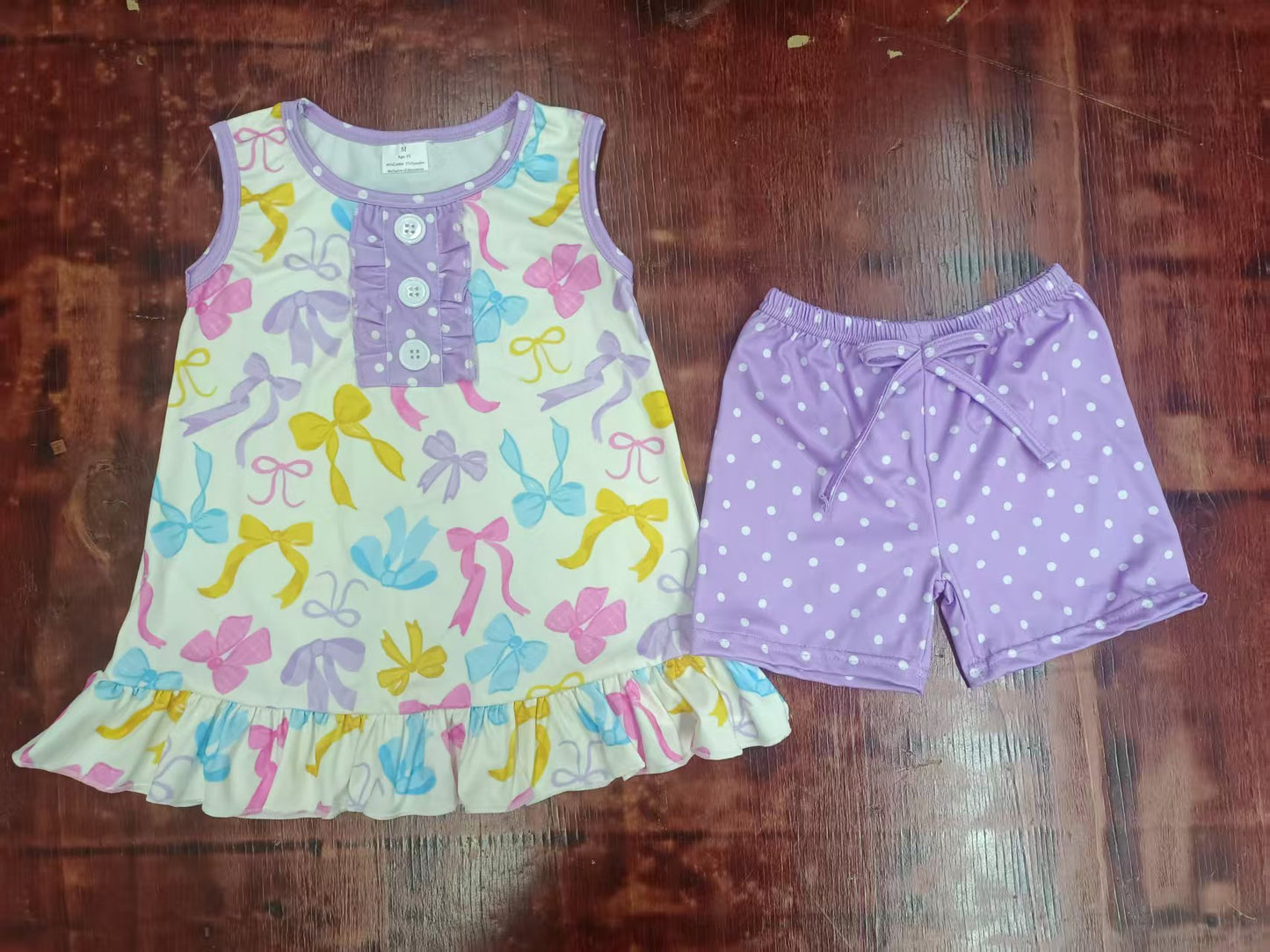 Preorder moq 5 Baby Girls Sleeveless Colorful Bows Button Tunic Polka Dots Short Set