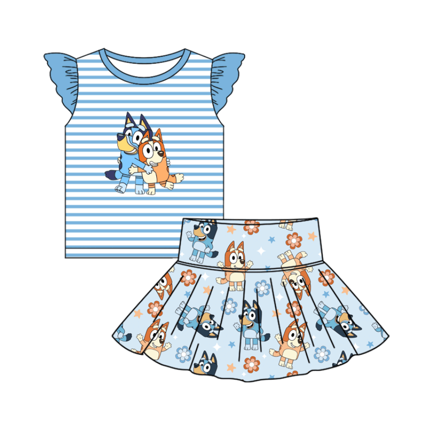 Preorder (moq 5)Baby Girls Blue Dog Top Cartoon Skorts Clothes Sets