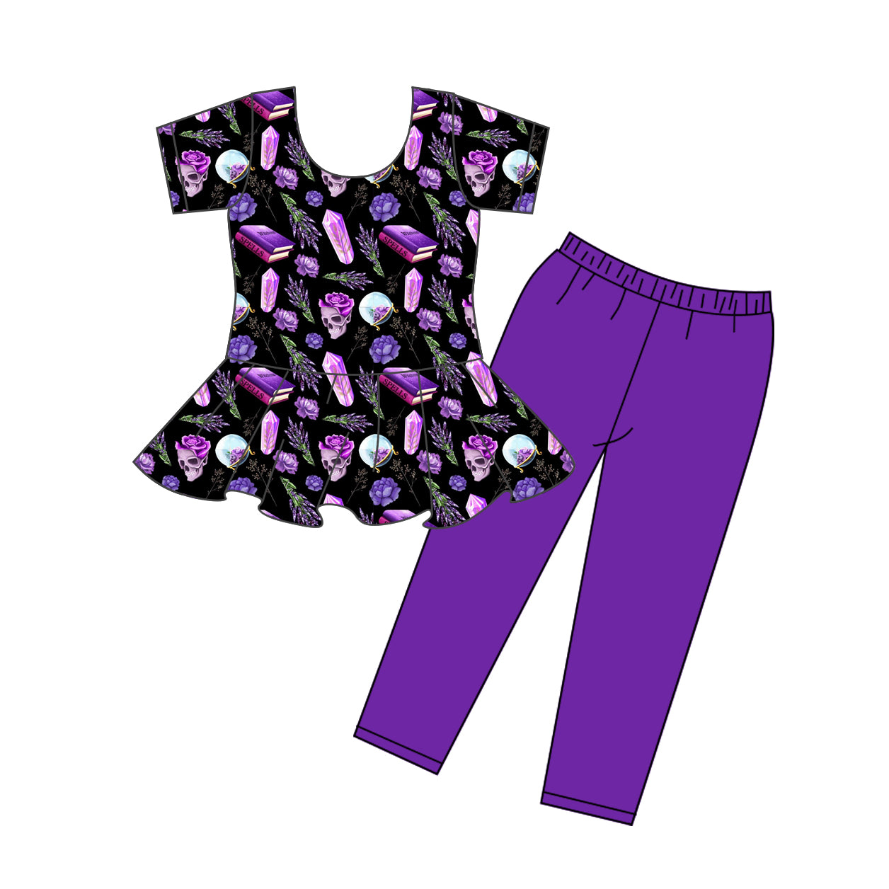 Preorder (moq 5)Baby Girls Halloween Flowers Ghost tunic Purple legging outfits sets
