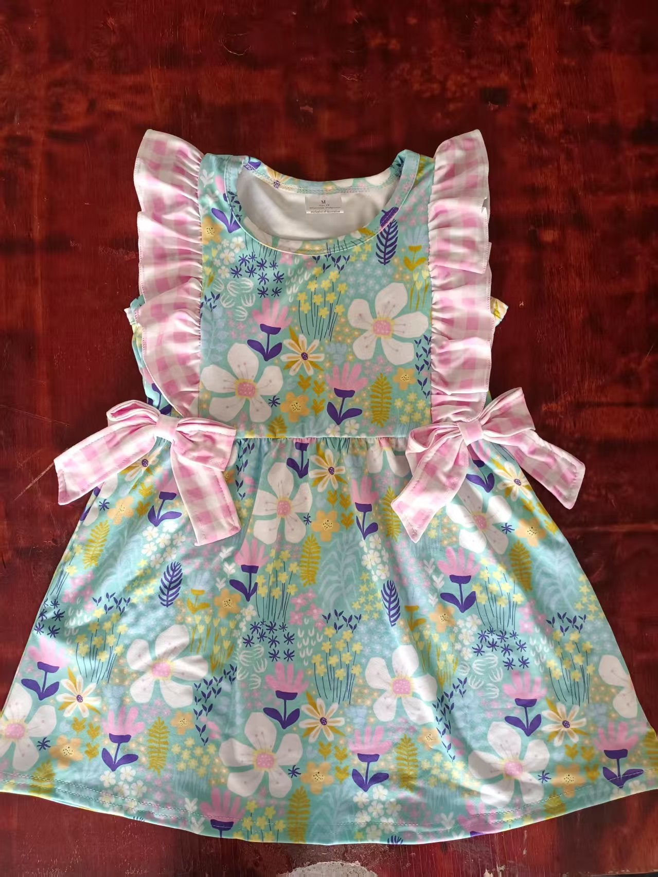 Preorder moq 5 Baby Girls Sleeveless Colorful Floral Pink Plaid Bows Knee Length Dress