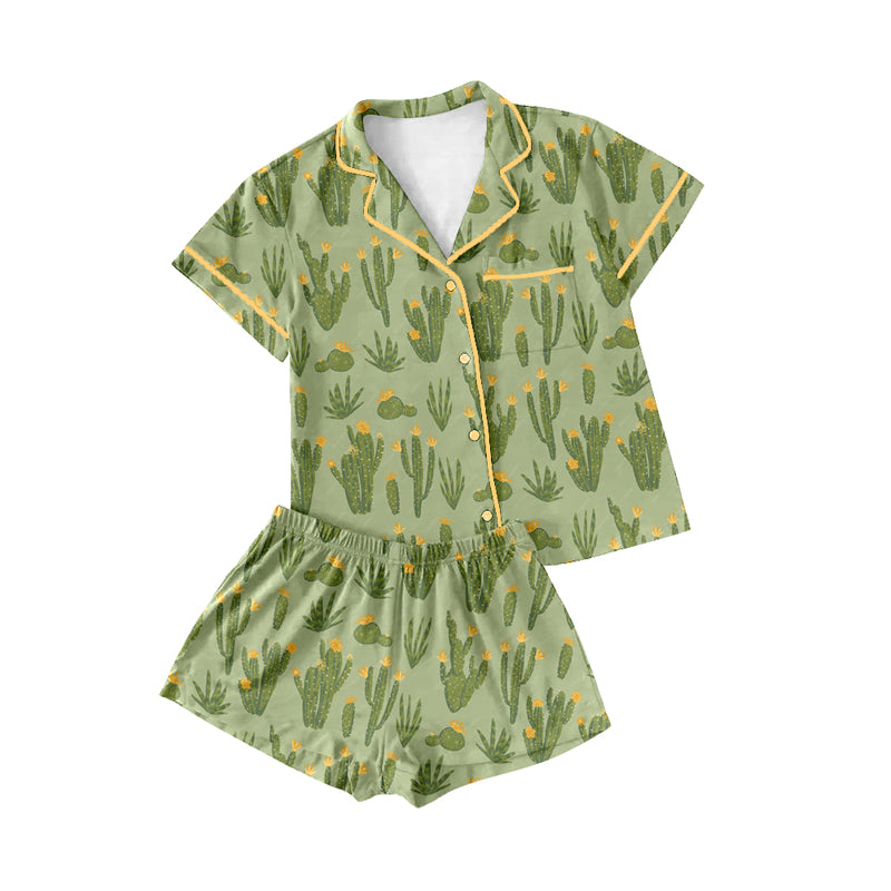 Preorder(moq 5)Adult Women Western Cactus Bows Buttons Tee Shirts Shorts Pajamas Sets
