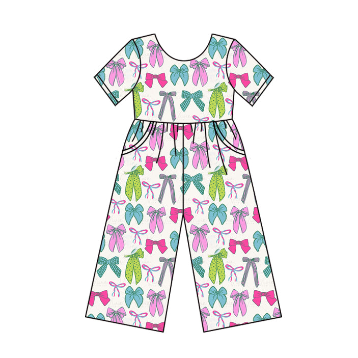Preorder (moq 5)Baby Girls Short Sleeves Colorful Bows Pockets Pant Jumpsuits