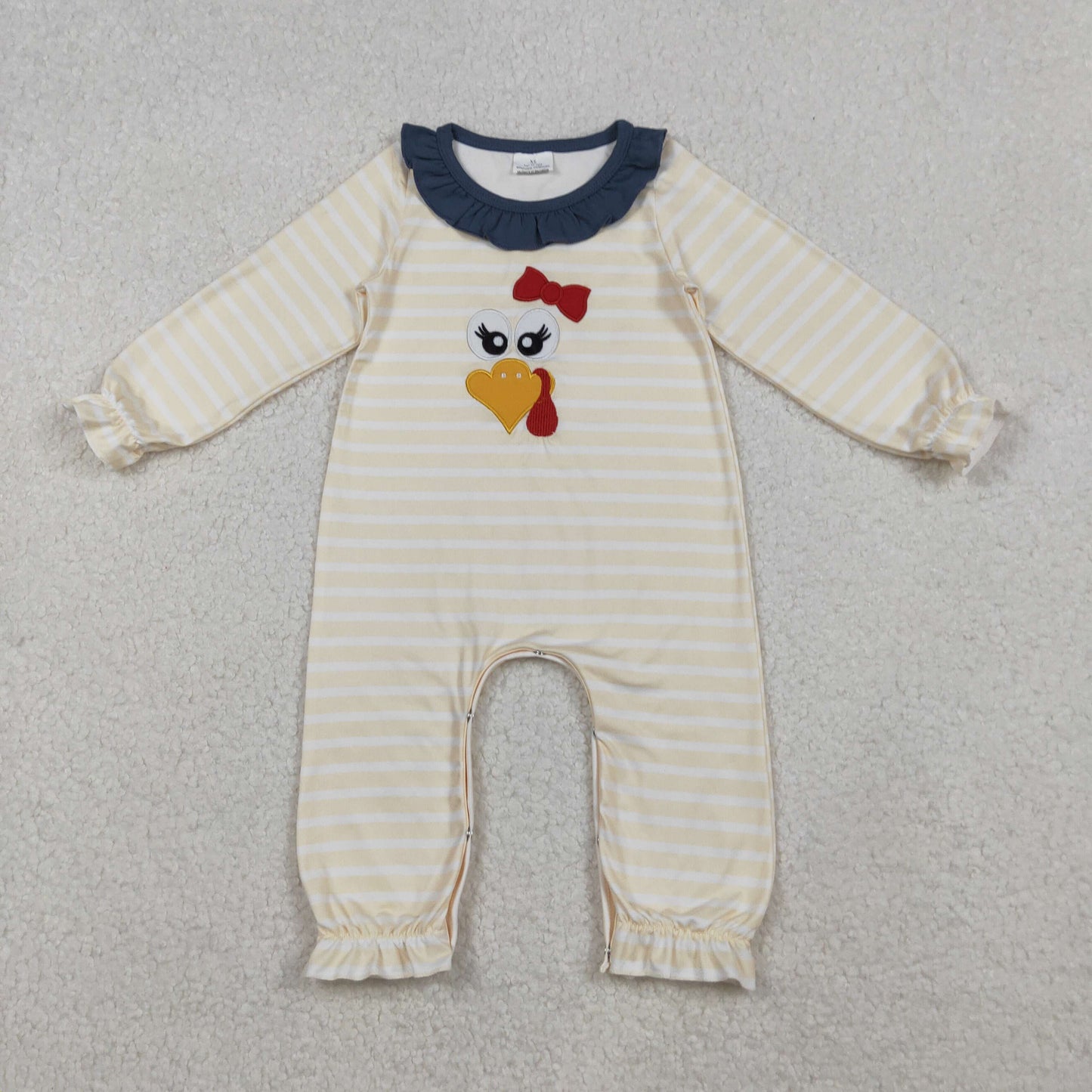 Embroidery Turkey Baby Girls Stripe Thanksgiving Ruffle Footie Rompers