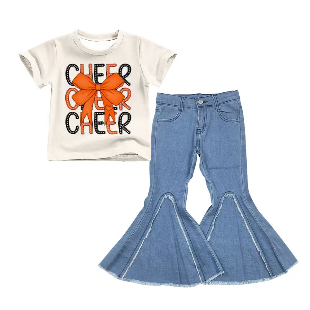preorder(moq 5) Baby Girls Orange Black Bow Cheer Team Tee Shirts Tops denim Bell pants sets