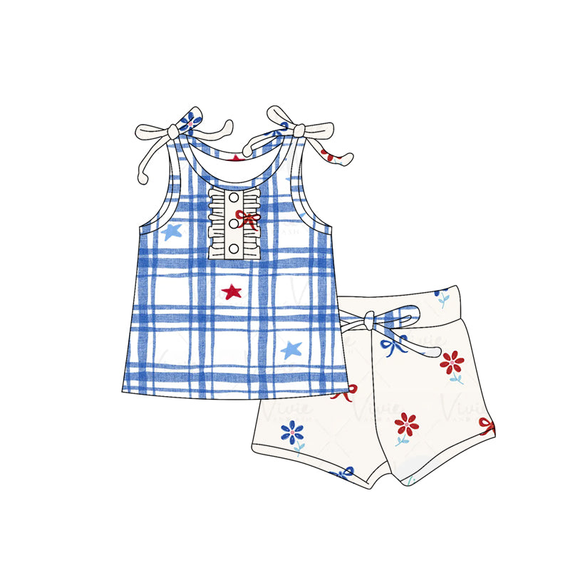 Preorder (moq 5)Baby Girls Strap Button Blue Plaid Red Stars Top Shorts 4th Of July Clothes Sets