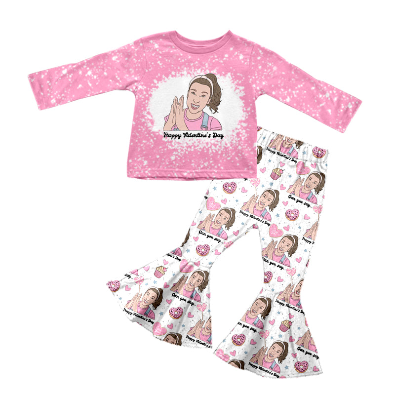 Baby Girls Happy Valentines Pink Teacher Top Bell Pants Clothes Sets preorder(moq 5)
