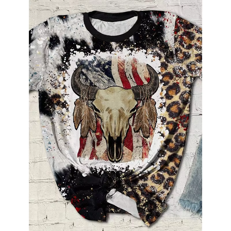 Preorder moq 5 Adult Women Western 4th July Cow Bleached Tee Shirts Tops