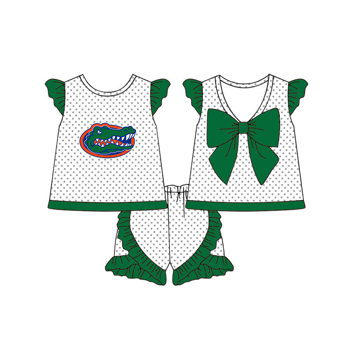 Preorder (moq 5)Baby Girls Gators Polka Dots Back Bow Tunic Ruffle Shorts Team Clothes Sets
