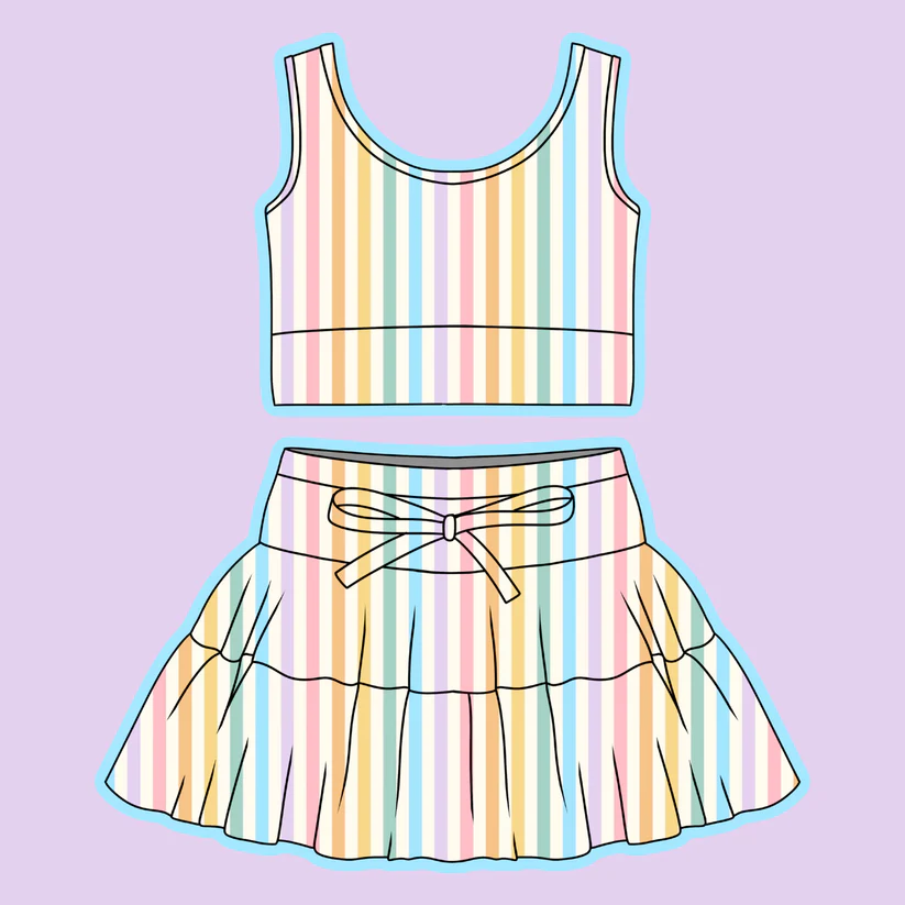 Preorder (moq 5)Baby Girls Colorful Stripe Vest Top Skirt Shorts Clothes Set