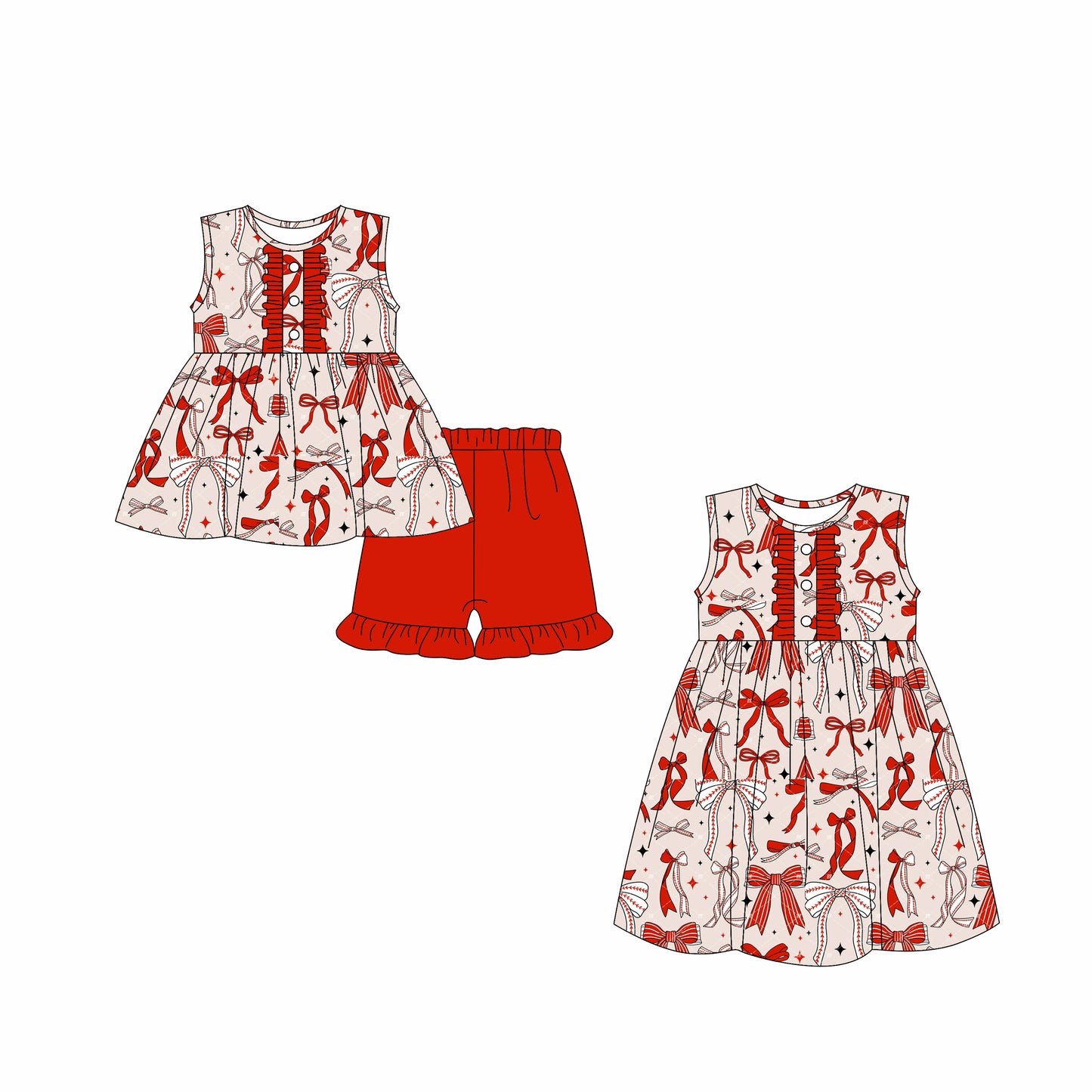 Preorder moq 5 Custom Baby Girls Button Red Baseball Bows Tunic Ruffle Short Set Knee Length Dresses