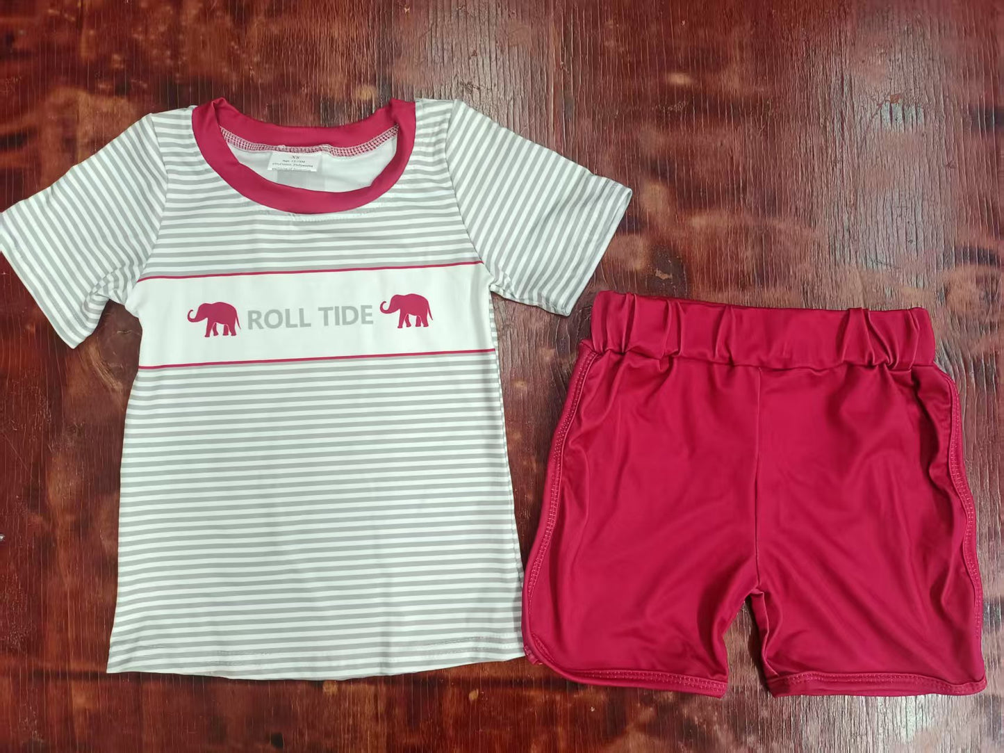 Preorder moq 5 Baby Boys Short Sleeves Stripe Roll Tide Top Red Short Set