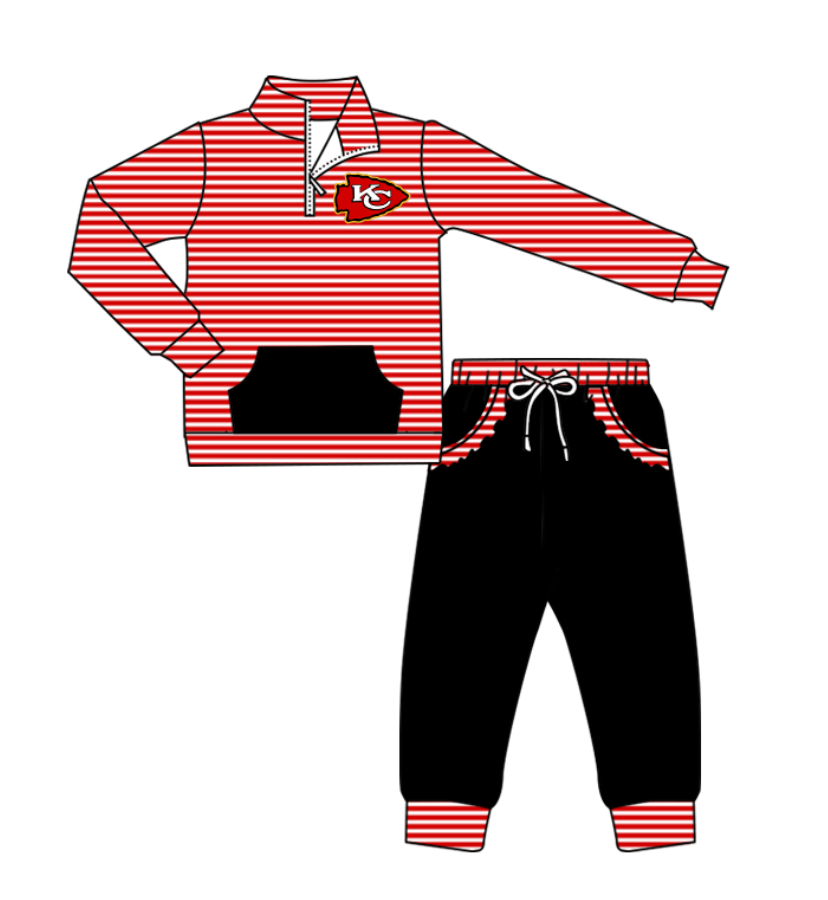 Preorder (moq 5)Baby Girls Red Stripe KC Zip Pullover Pockets Jogger Team Clothes Sets