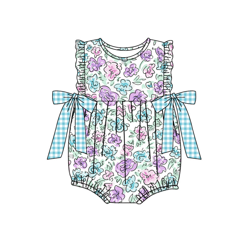 Baby Infant Girls Green Purple Flowers Buttons Rompers Preorder(moq 5)
