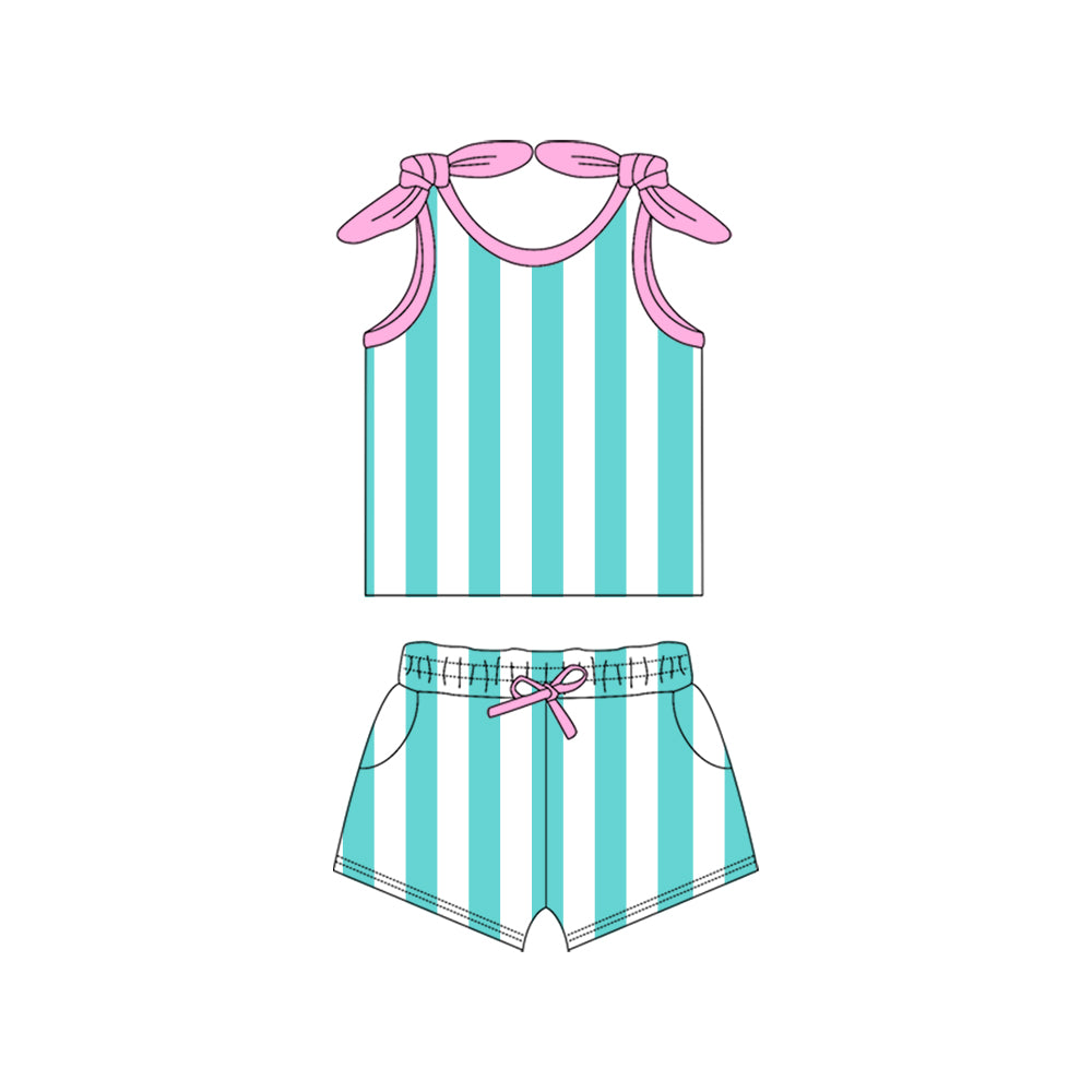 Preorder (moq 5)Baby Girls Pink Bows Strap Aqua Stripe Top Pockets Short Set